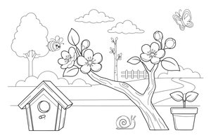 A branch of cherry blossoms with a few buds, close up – Trees coloring page