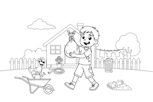 A child taking out the trash bag – Chores & Helping coloring page