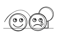 One round face with a big smile next to another round face with a frown and a tear – Opposite Concepts coloring page