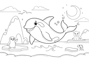 A snowy polar scene with an iceberg and orca – Arctic Animals coloring page