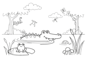 A crocodile floating in the river with just its eyes and back showing – Reptiles & Amphibians coloring page