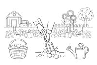 Hands holding a fork turning over potatoes in the dirt – Autumn Harvest coloring page