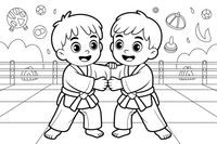 Two judo kids gripping each other's gi – Martial arts Fighters coloring page