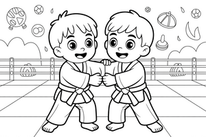 Two judo kids gripping each other's gi – Martial arts Fighters coloring page