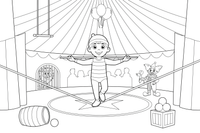 An acrobat balancing on a tightrope high above – Colorful Circus Tent coloring page
