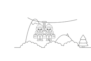 Skiers riding up on a chairlift over the snow – Charming Ski Resort Place coloring page