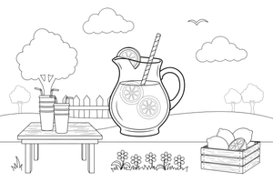 A jug of lemonade with lemon slices and a straw – Refreshing Drinks coloring page