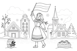 A woman in a traditional folk costume with an embroidered apron holding a flag – Day of Restoration of the State of Lithuania Winter coloring page