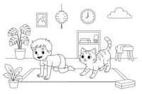 A child doing cat pose next to a real cat copying it – Yoga coloring page