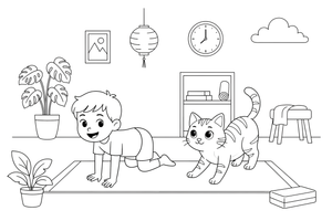A child doing cat pose next to a real cat copying it – Yoga coloring page