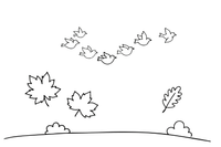 A flock of birds flying south in a V-shape across the autumn sky – Autumn Time Autumn Leaves coloring page