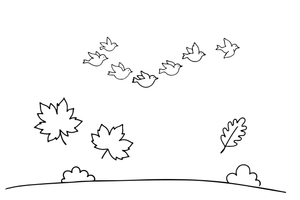 A flock of birds flying south in a V-shape across the autumn sky – Autumn Time Autumn Leaves coloring page