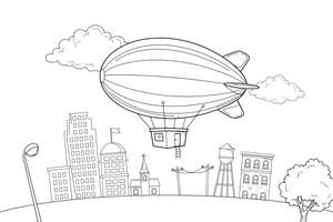 A big blimp with a little cabin underneath, drifting over a city – Air coloring page