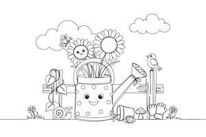 Sunflowers in a watering can – Golden Sunflower Bloom coloring page