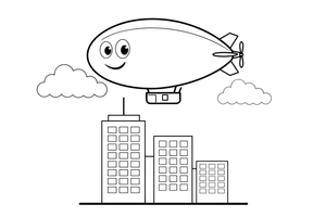 A big blimp with a little cabin underneath, drifting over a city – Air coloring page
