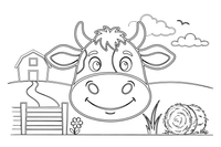 One big cow face up close, with two round eyes, floppy ears and horns – Playful Farm Animal coloring page