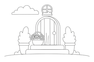 A cottage doorstep with a basket of flowers – Cottages coloring page