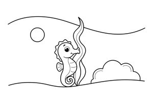 A seahorse holding onto a tall blade of seaweed with its curly tail – Playful Seahorse coloring page