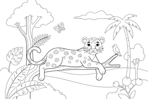 A leopard with spots (outlined, no fill) resting on a tree branch – Safari & Jungle Wild Animals coloring page