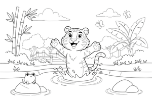 A tiger splashing in a river – Playful Tiger Wild coloring page