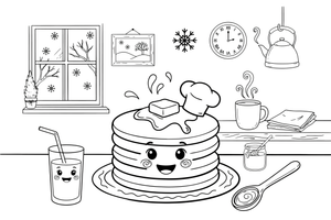 A tall stack of round pancakes on a plate – Pancake Day Winter Treat coloring page