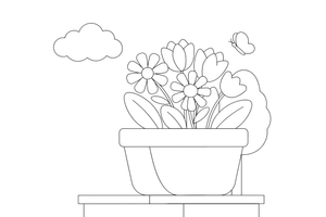 A pot of colorful spring flowers on a doorstep – Spring Flower coloring page