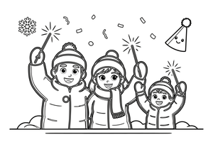 People celebrating the New Year with sparklers and confetti – New Year Winter Celebration coloring page