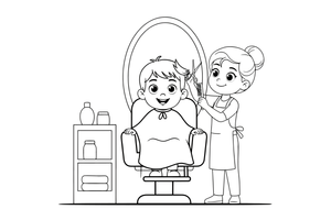 A child sitting in a big salon chair with a cape on, getting a haircut – Hair Salon coloring page