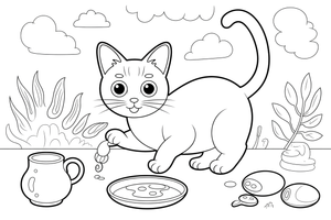 Siamese Cat with a milk saucer – Siamese Cat Daily Life coloring page