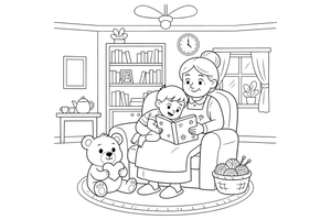 Grandma reading a storybook to a child on her lap – Cherished Grandparent Family coloring page