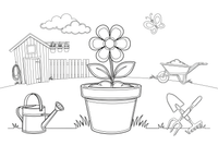 A flower pot with a blooming flower – Classic Garden Tools coloring page