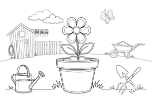A flower pot with a blooming flower – Classic Garden Tools coloring page