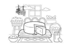 — a round wheel of white farmer's cheese, sliced – Traditional Lithuanian Food coloring page