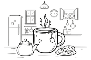 A mug with a tea bag string hanging out – Cozy Kitchen Cooking coloring page