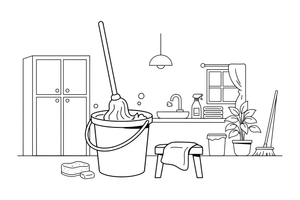 A bucket with a mop standing in it – Cleaning Things coloring page