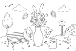A bouquet of dried flowers and pampas grass in a tall vase – Spring Bouquet Flower coloring page