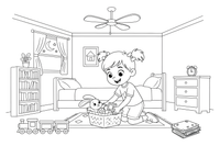 A girl helping to tidy up toys before evening – Daily Routine Activities coloring page