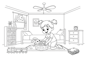A girl helping to tidy up toys before evening – Daily Routine Activities coloring page