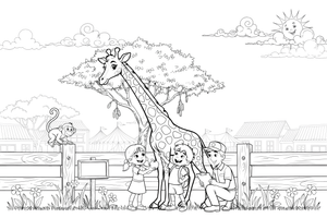 A giraffe reaching over a zoo fence – Zoo Day coloring page