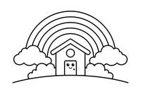 A rainbow arching over a little house – Rainbow coloring page