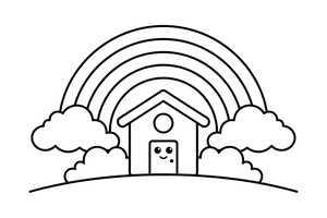 A rainbow arching over a little house – Rainbow coloring page