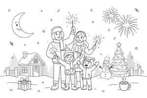 People celebrating the New Year with sparklers and confetti – New Year Winter Celebration coloring page
