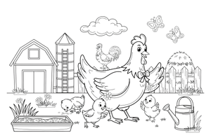 A chicken with three little chicks – Chicken Family Life coloring page
