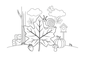 A close-up of one big autumn leaf with a snail on it – Four Seasons coloring page