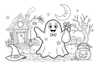 A ghost holding a bag of candy – Halloween Ghost coloring page