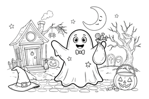 A ghost holding a bag of candy – Halloween Ghost coloring page