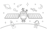 A big space station with long solar panels floating in space – Space Tech Spaceship coloring page