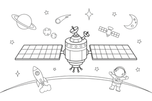 A big space station with long solar panels floating in space – Space Tech Spaceship coloring page