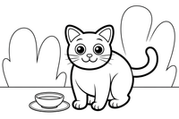 Siamese Cat with a milk saucer – Siamese Cat Daily Life coloring page