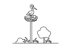 A stork standing in a big nest on a pole – Lithuanian Nature Plants coloring page